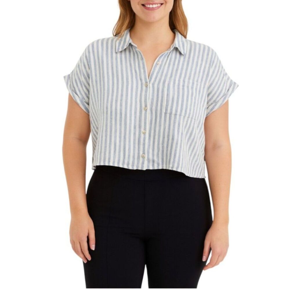 Forever 21 Women’s Striped Linen-Blend Cropped Button-Up Shirt | Size Large